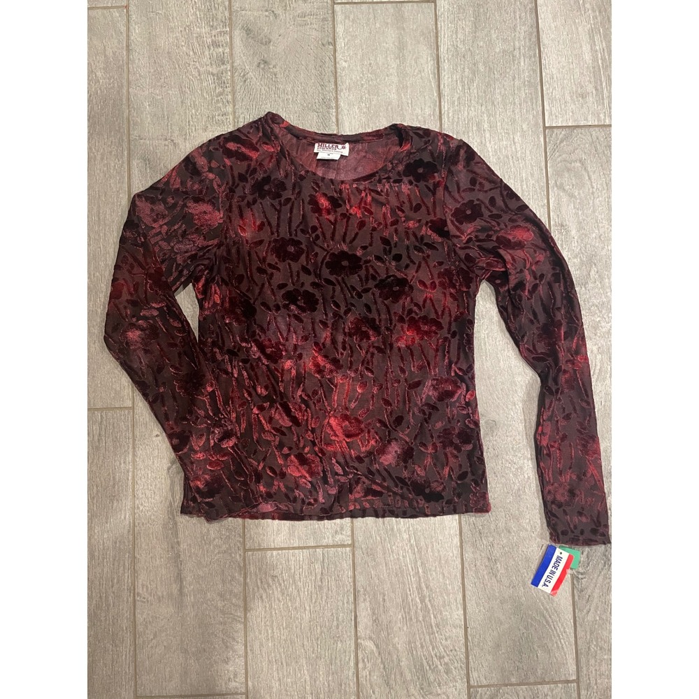 Miller Stockman Vintage Burgundy Burnout Velvet Floral‎ Mesh Top Long Sleeve M